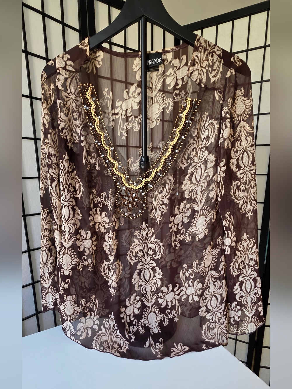 Baranda Women's Embroidered Bead-Detail Brown Sheer Blouse with Cami~Size Small